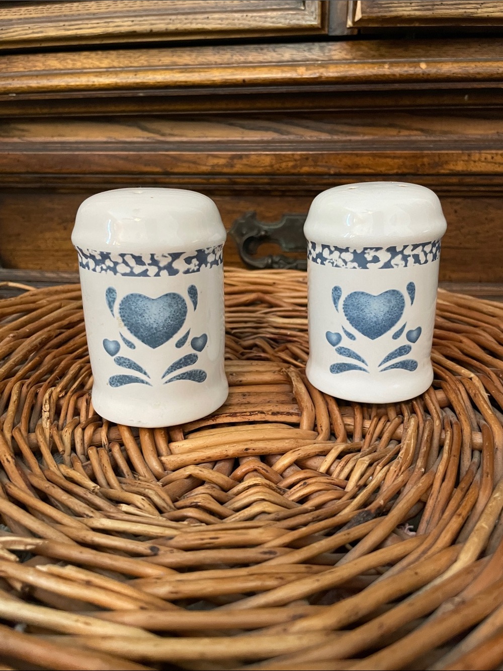 Vintage Farmhouse Blue Sponge-wear Heart Salt & Pepper Shakers